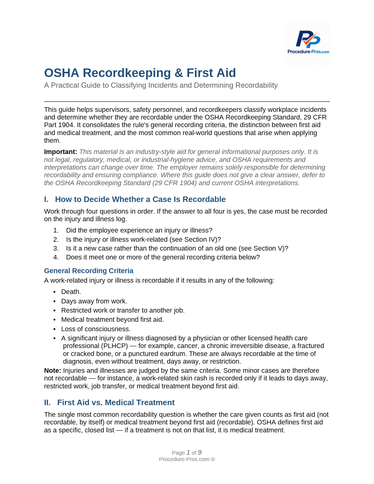 OSHA Recordkeeping & First Aid Classification Guide — Page 1 Preview